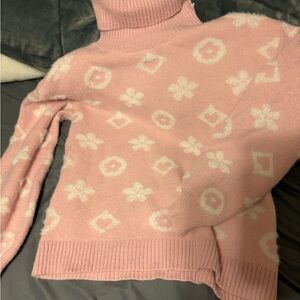 Christina Pink and Ivory Patterned Turtleneck Sweater